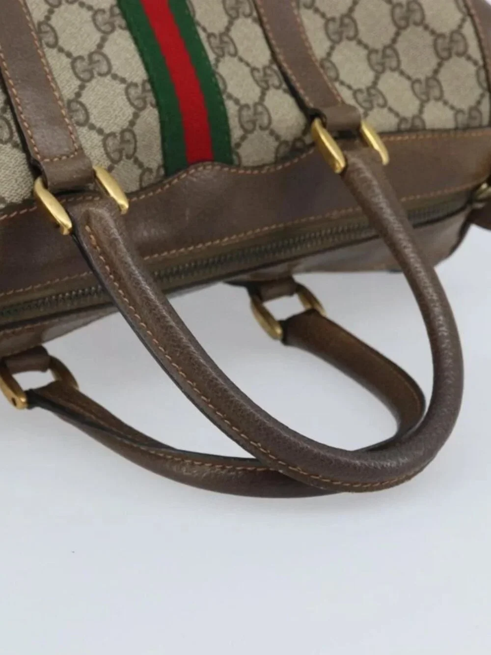 GUCCI GG Supreme Web Sherry Line Boston Bag PVC Beige 02 98 8 0468 Auth BAZ555
